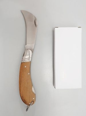Coltello pieghevole a roncola, britola, con manico in legno