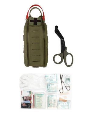 Tasca medica MIL-TEC di colore verde compresa di forbici, con incluso kit di pronto soccorso individuale da 28 pezzi Tasca medica MIL-TEC di colore verde IFAK compresa di forbici, con incluso kit di pronto soccorso individuale da 25 pezzi