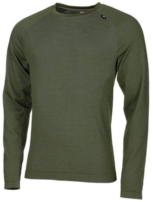 Maglia intima tecnica MFH Merino 50 in misto lana merino di colore verde oliva Maglia intima tecnica MFH Merino 50 in misto lana merino di colore verde oliva