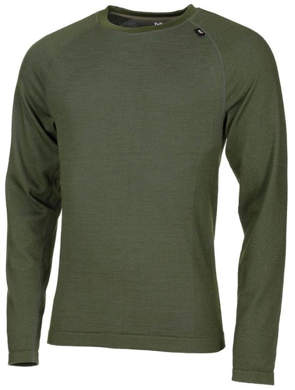 Maglia intima tecnica MFH Merino 50 in misto lana merino di colore verde oliva Maglia intima tecnica MFH Merino 50 in misto lana merino di colore verde oliva