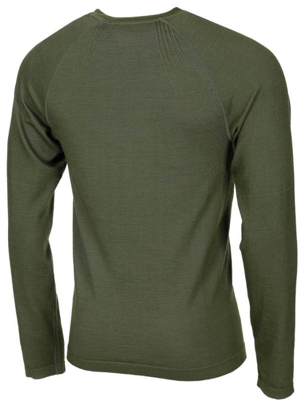 Maglia intima tecnica MFH Merino 50 in misto lana merino di colore verde oliva Maglia intima tecnica MFH Merino 50 in misto lana merino di colore verde oliva